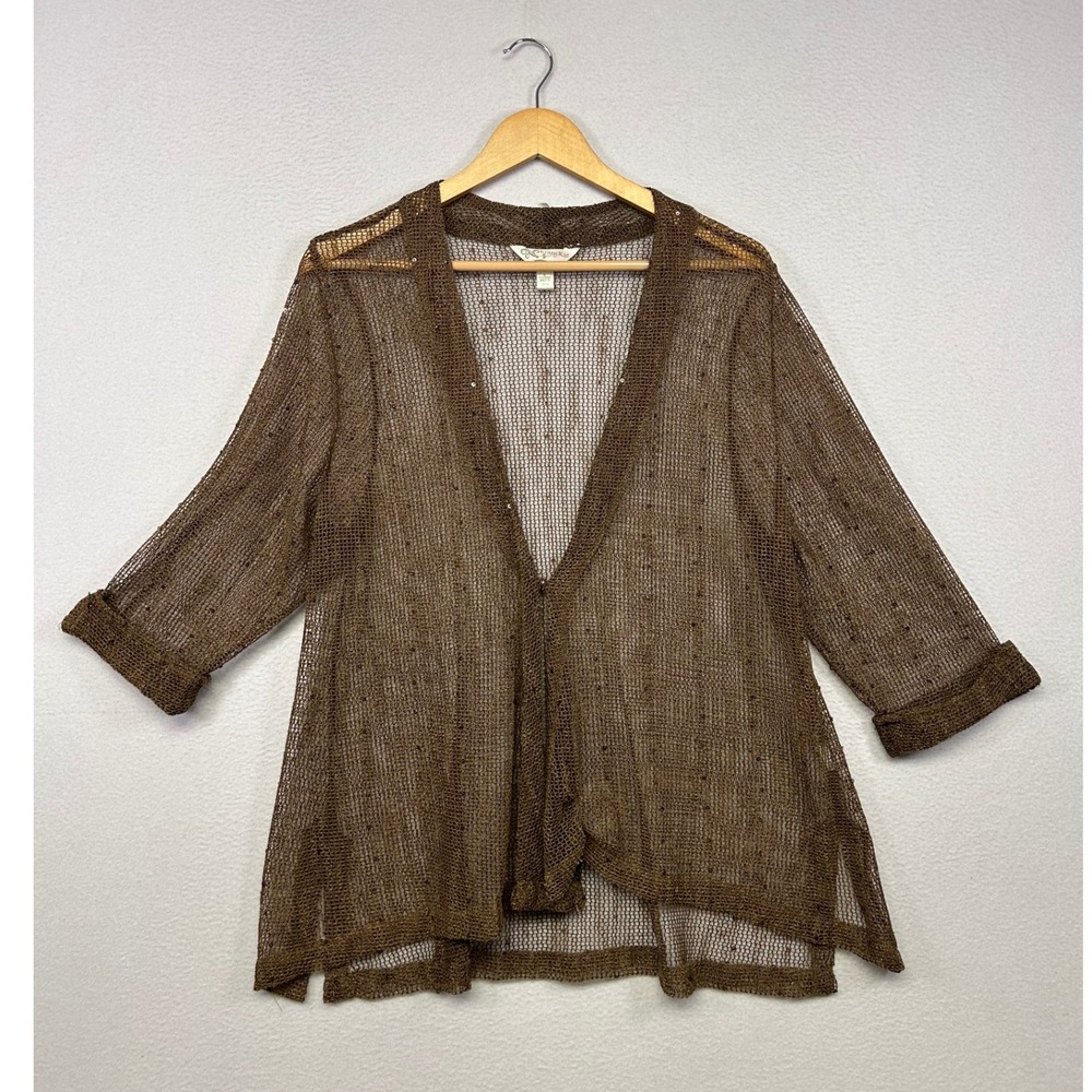 Boho Festival Krazy Kat Womens Small Brown Metallic Mesh Sequin Open Cardigan
